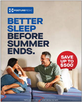 Sealy Posturepedic Labor Day offer — couple relaxing on a Sealy adjustable set, save up to $500